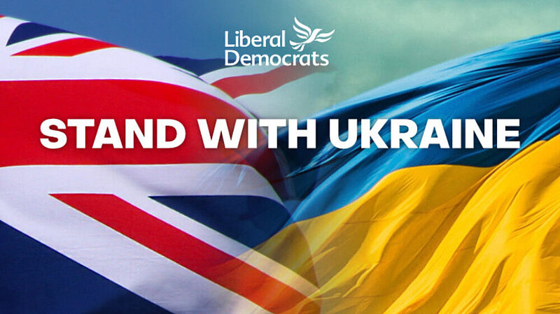 Flags of the UK and Ukraine with the words stand with Ukraine and the Liberal Democrat logo