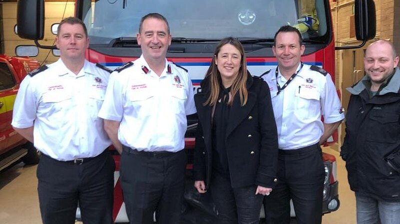 Cllr Sam Bennett, Chief Fire Officer, Jane Dodds MS, and Cllr Glyn Preston meet in Abercraf