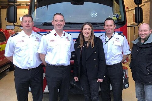 Cllr Sam Bennett, Chief Fire Officer, Jane Dodds MS, and Cllr Glyn Preston meet in Abercraf
